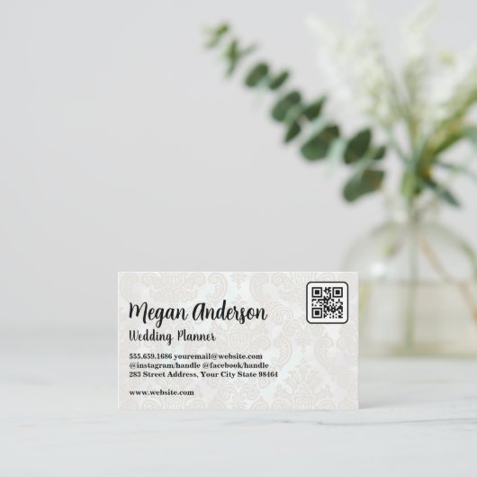 Elegant Damask Pattern | QR-code Afsprakenkaartje (Staand voorkant)