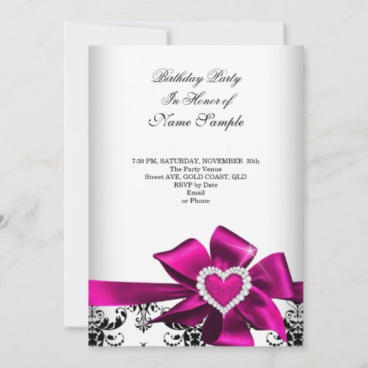 Elegant Damask Pink Heart Jewel Birthday Kaart (Achterkant)