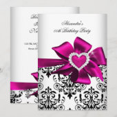 Elegant Damask Pink Heart Jewel Birthday Kaart (Voorkant / Achterkant)