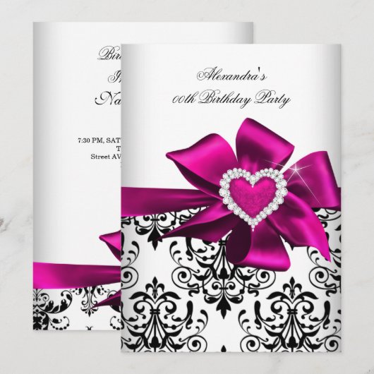 Elegant Damask Pink Heart Jewel Birthday Kaart (Voorkant / Achterkant)