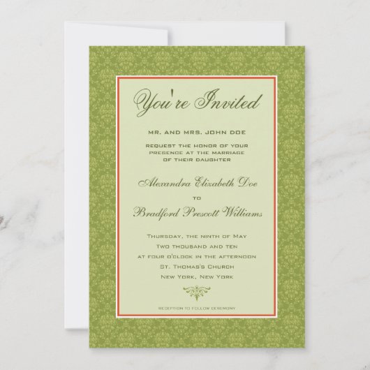 Elegant Damask pleal Wedding Invitation : olijf Kaart (Voorkant)
