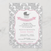 Elegant Damask & Pram Baby shower Invitation Kaart (Voorkant / Achterkant)