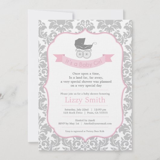 Elegant Damask & Pram Baby shower Invitation Kaart (Voorkant)