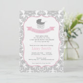 Elegant Damask & Pram Baby shower Invitation Kaart (Staand voorkant)