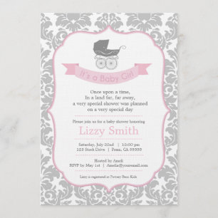 Elegant Damask & Pram Baby shower Invitation Kaart