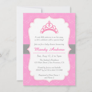 Elegant Damask, Princess Crown, Girl Baby shower Kaart