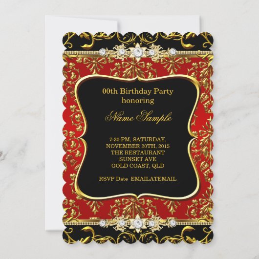 Elegant Damask Red Black Gold Birthday Party Kaart (Achterkant)