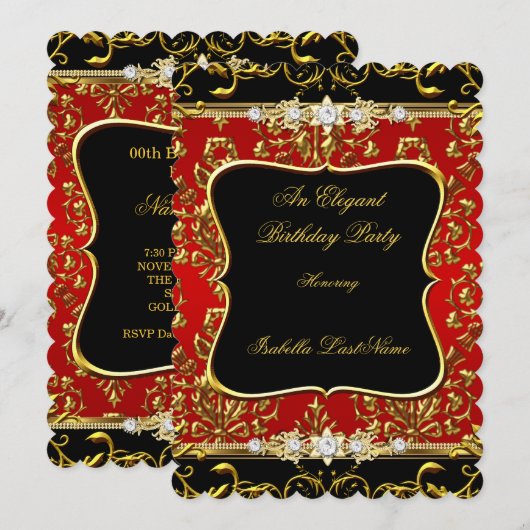 Elegant Damask Red Black Gold Birthday Party Kaart (Voorkant / Achterkant)