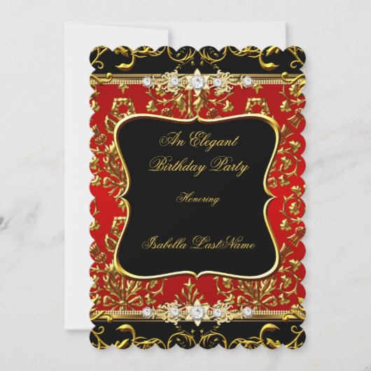 Elegant Damask Red Black Gold Birthday Party Kaart (Voorkant)