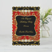 Elegant Damask Red Black Gold Birthday Party Kaart (Staand voorkant)
