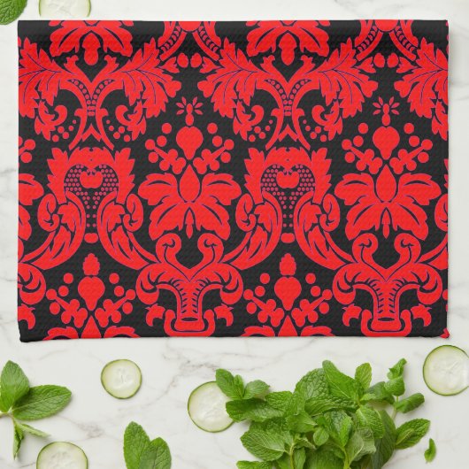 Elegant Damask Red/Black Theedoek (Gevouwen)