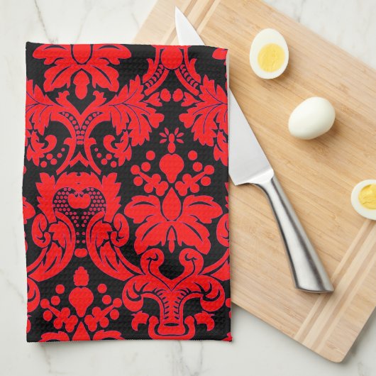 Elegant Damask Red/Black Theedoek (Quarter Fold)
