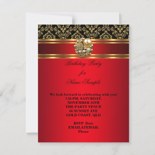 Elegant Damask Regal Red Gold Black Birthday Kaart (Achterkant)