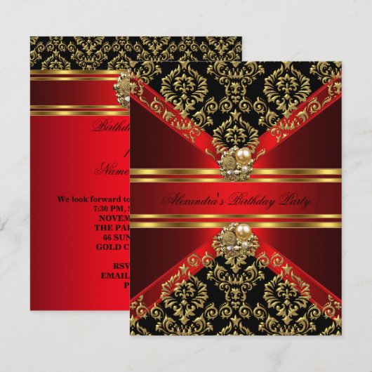 Elegant Damask Regal Red Gold Black Birthday Kaart (Voorkant / Achterkant)