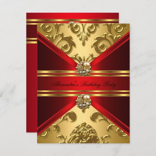 Elegant Damask Regal Red Gold Floral Birthday Kaart (Voorkant / Achterkant)