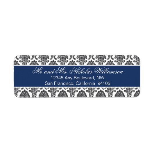 Elegant Damask Retouradres Label (marine) (Voorkant)