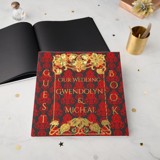 Elegant  Damask Rood Gastenboek (Voorkant open)