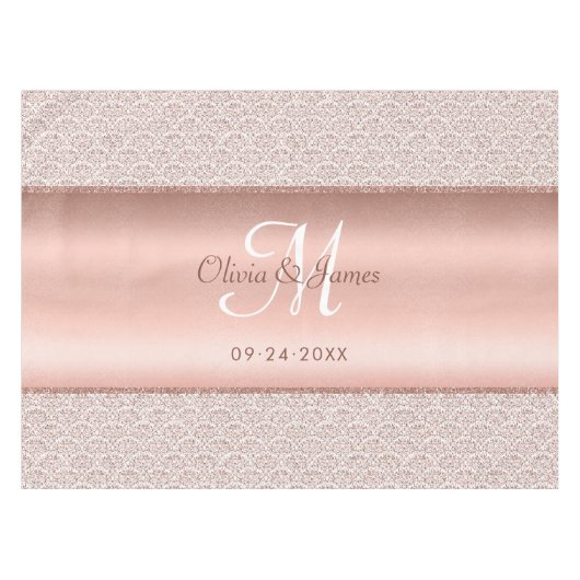 Elegant Damask Roos Gold Monogram Weddenschap Tafelkleed (Voorkant (Horizontaal))