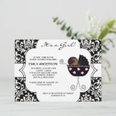 Elegant Damask Roze Zwart Baby Meisje Douche Kaart (Staand voorkant)