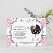 Elegant Damask Roze Zwart Baby Meisje Douche Kaart (Staand voorkant)
