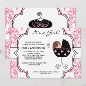 Elegant Damask Roze Zwart Baby Meisje Douche Kaart (Voorkant / Achterkant)