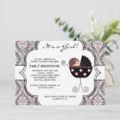 Elegant Damask Roze Zwart Baby Meisje Douche Kaart (Staand voorkant)