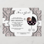 Elegant Damask Roze Zwart Baby Meisje Douche Kaart (Voorkant / Achterkant)