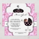 Elegant Damask Roze Zwart Baby Meisje Douche Kaart (Voorkant / Achterkant)