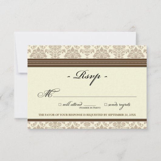 Elegant Damask RSVP-kaart (chocolade/crème) RSVP Kaartje (Voorkant)