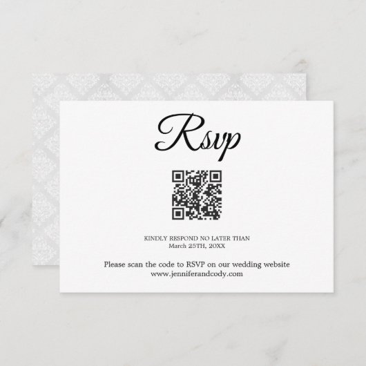 Elegant Damask RSVP QR Code Bruiloft Kaart (Voorkant / Achterkant)