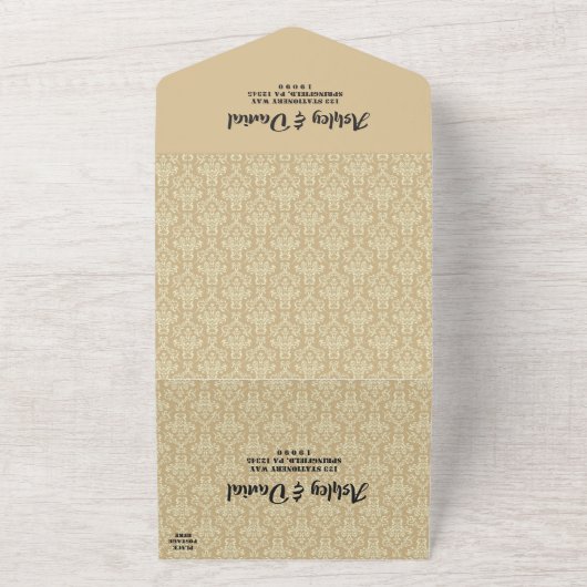 Elegant Damask Script beige Classic Weddenschap All In One Uitnodiging (Buitenkant)