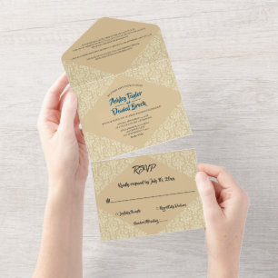 Elegant Damask Script beige Classic Weddenschap All In One Uitnodiging