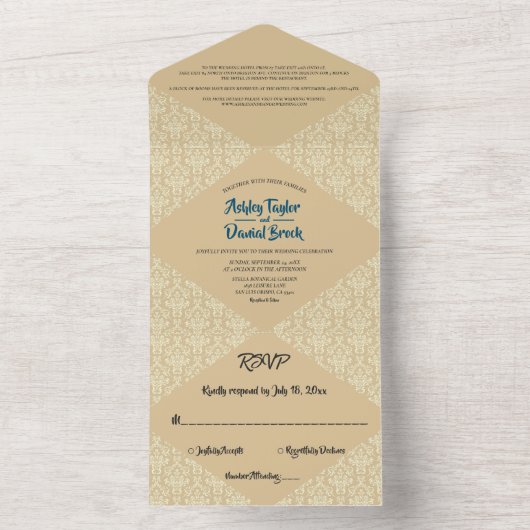Elegant Damask Script beige Classic Weddenschap All In One Uitnodiging (Binnen)