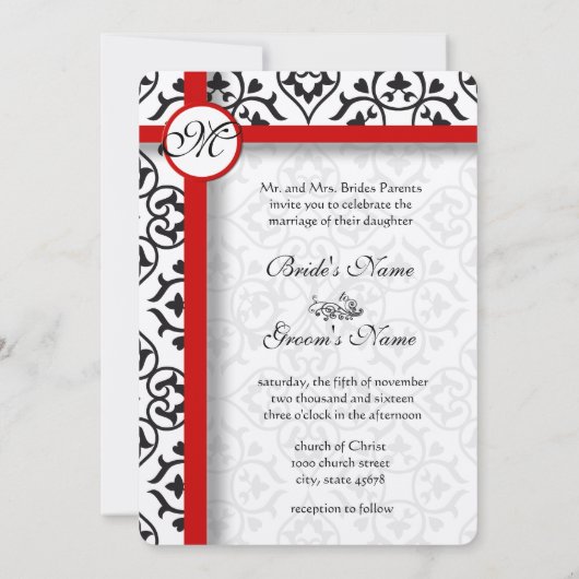 Elegant Damask Side Borders Red Trim Wedding Kaart (Achterkant)