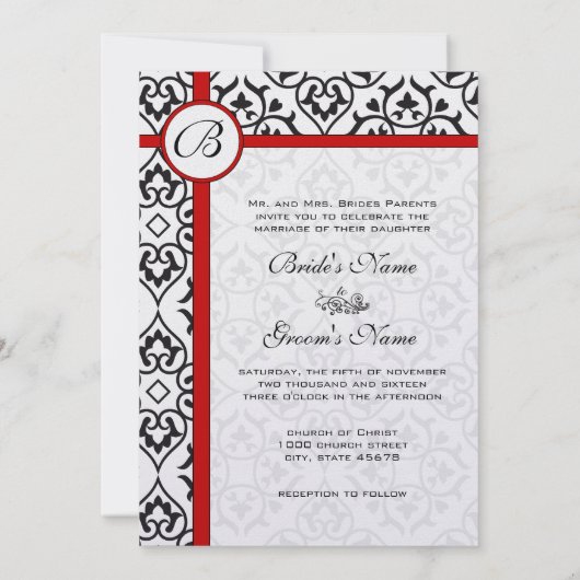 Elegant Damask Side Borders Red Trim Wedding Kaart (Achterkant)
