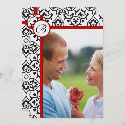 Elegant Damask Side Borders Red Trim Wedding Kaart (Voorkant / Achterkant)