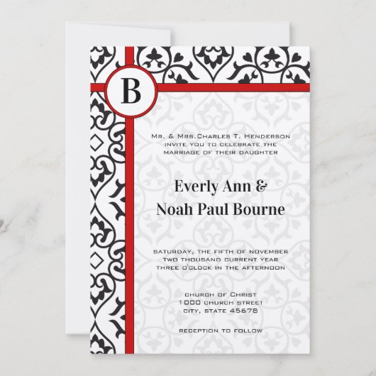 Elegant Damask Side Borders Red Trim Wedding Kaart (Voorkant)