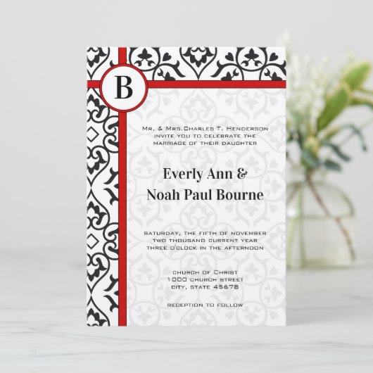 Elegant Damask Side Borders Red Trim Wedding Kaart (Staand voorkant)