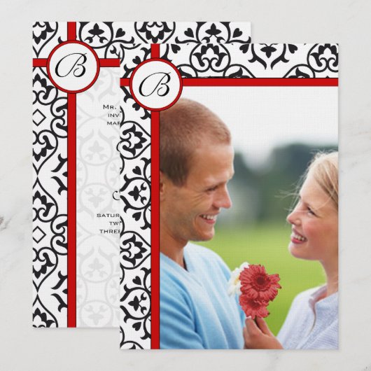 Elegant Damask Side Borders Red Trim Wedding Kaart (Voorkant / Achterkant)