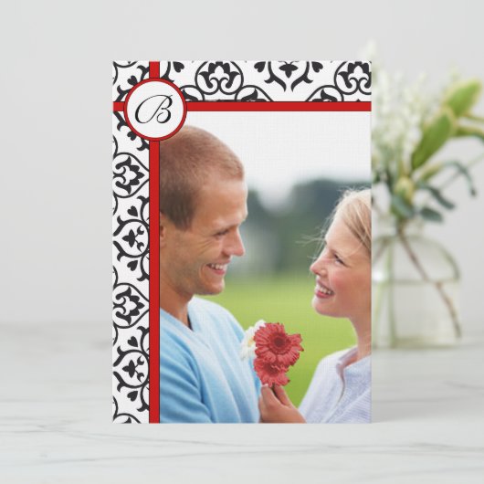 Elegant Damask Side Borders Red Trim Wedding Kaart (Staand voorkant)