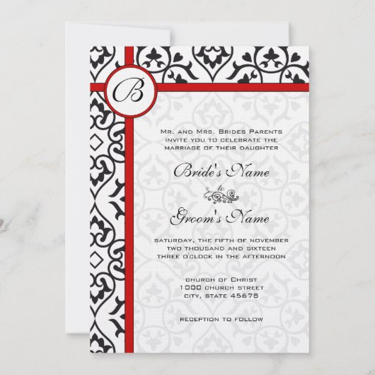 Elegant Damask Side Borders Red Trim Wedding Kaart (Achterkant)