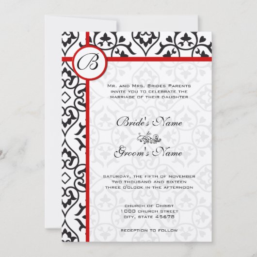 Elegant Damask Side Borders Red Trim Wedding Kaart (Voorkant)