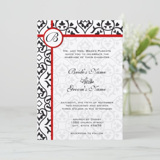 Elegant Damask Side Borders Red Trim Wedding Kaart (Staand voorkant)