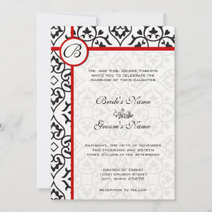 Elegant Damask Side Borders Red Trim Wedding Kaart