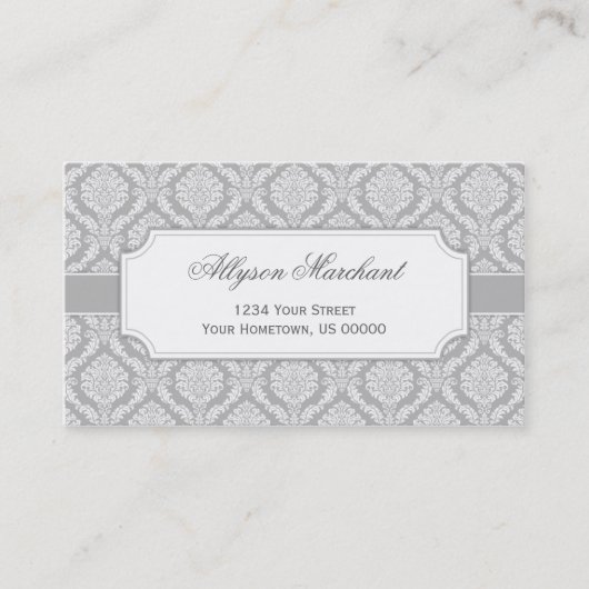 Elegant  Damask Silver Grey en White Visitekaartje (Voorkant)