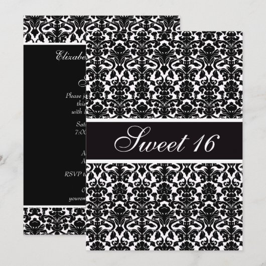 Elegant  Damask Sweet 16 Party Kaart (Voorkant / Achterkant)
