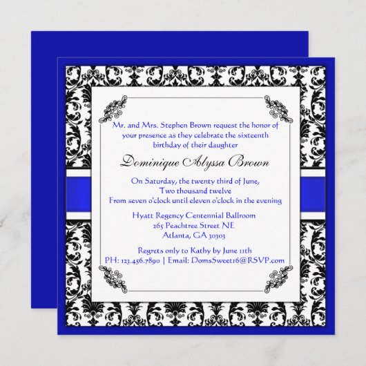 Elegant Damask Swirl Invite [Blue] Kaart (Voorkant / Achterkant)