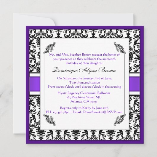 Elegant Damask Swirl Invite [Paars] Kaart (Voorkant)