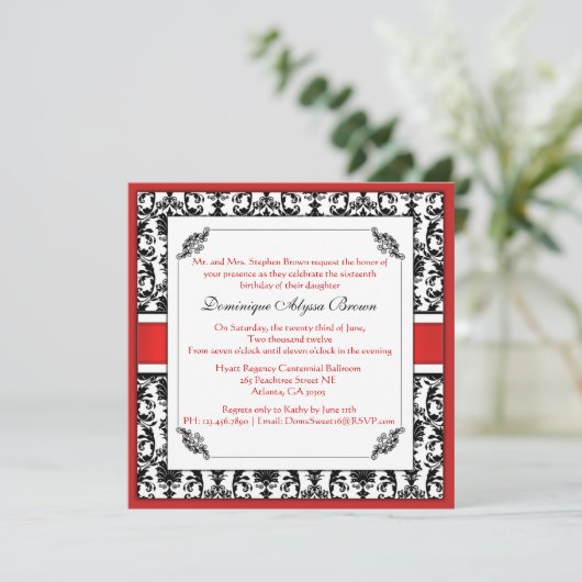 Elegant Damask Swirl Invite [Red] Kaart (Staand voorkant)