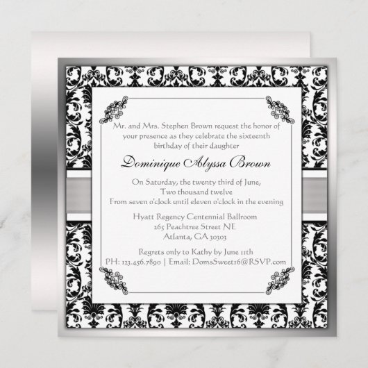 Elegant Damask Swirl Invite [Silver] Kaart (Voorkant / Achterkant)
